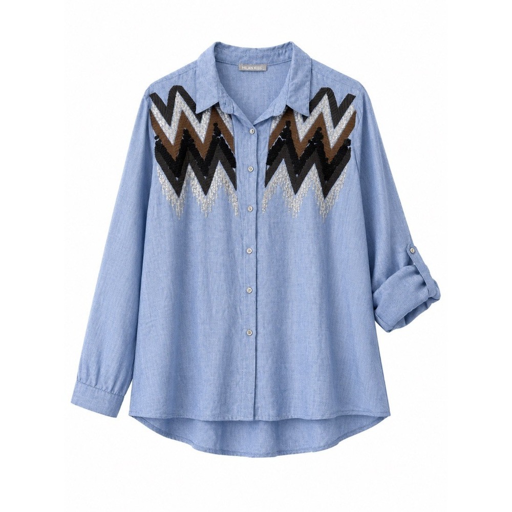 Milan Kiss Womens Blue Chambray Sequin Chevron‎ Button Shirt Blouse XL